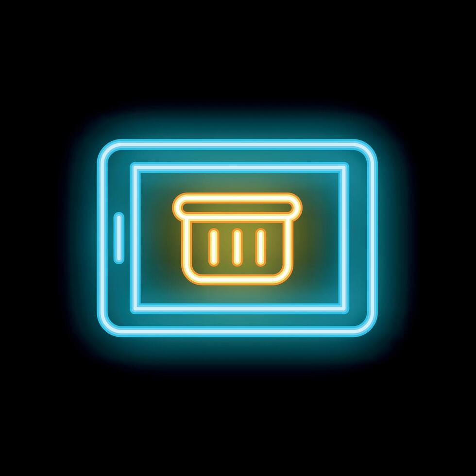 Neon sign showing smartphone displaying shopping basket icon on black background vector
