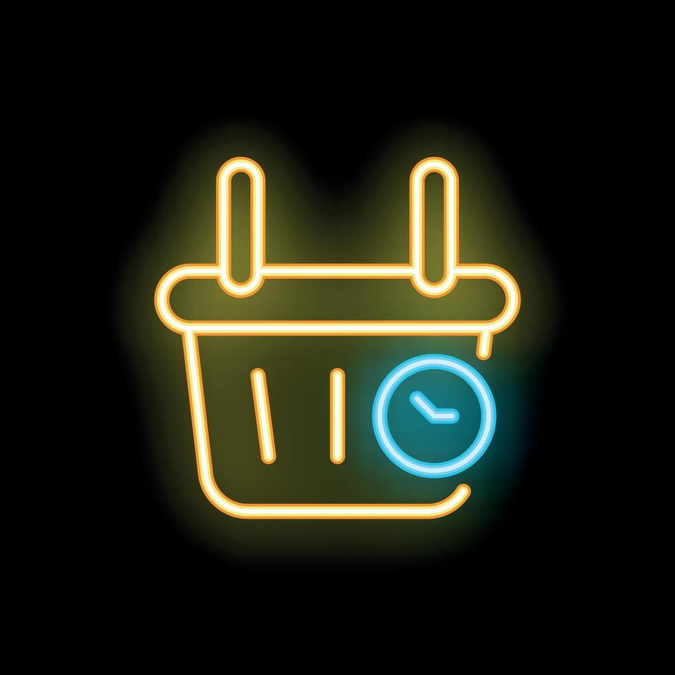 Neon shopping basket icon with clock showing express delivery time vector