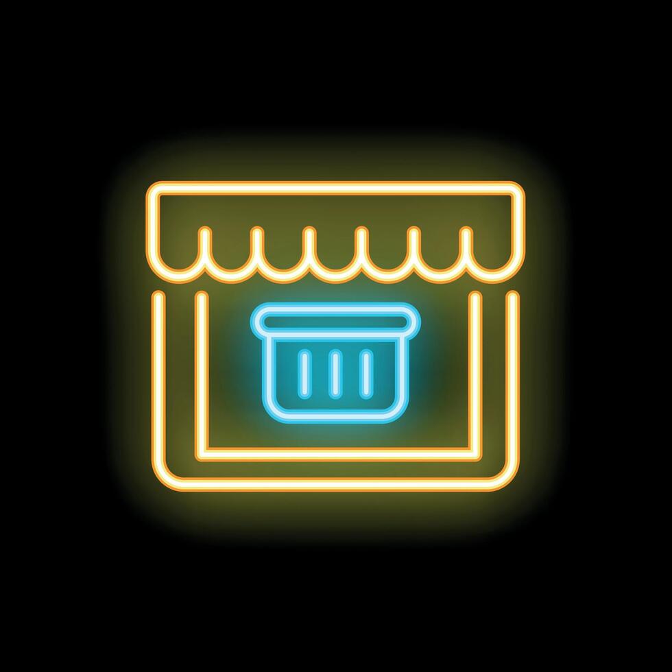 Neon sign representing online shopping with shopping basket inside store on black background vector