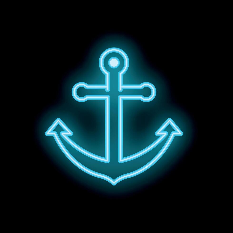Blue neon sign showing an anchor symbol on a black background vector