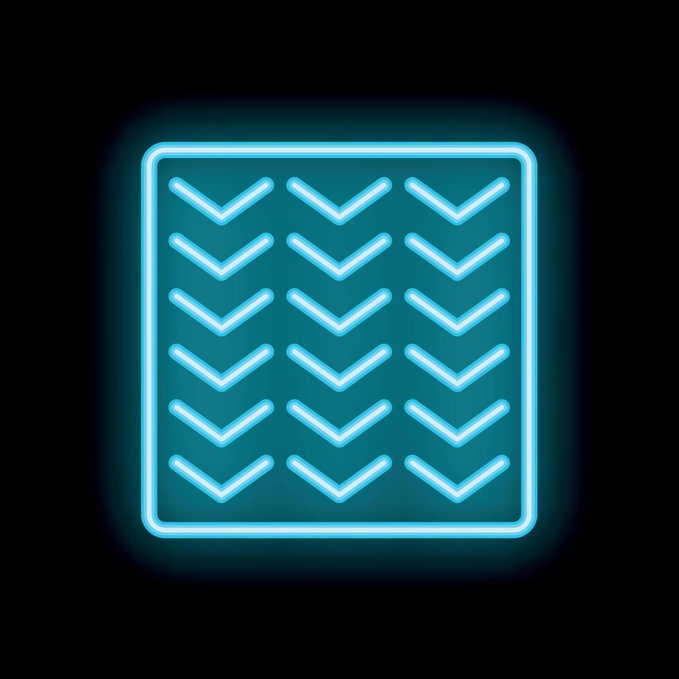 Blue neon square with arrows pointing down on black background vector