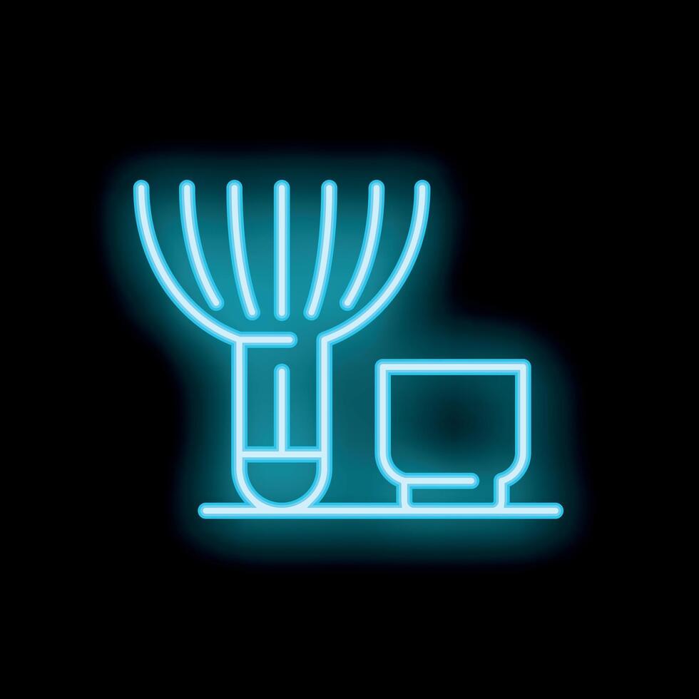 Blue neon sign of a matcha whisk and bowl on black background vector