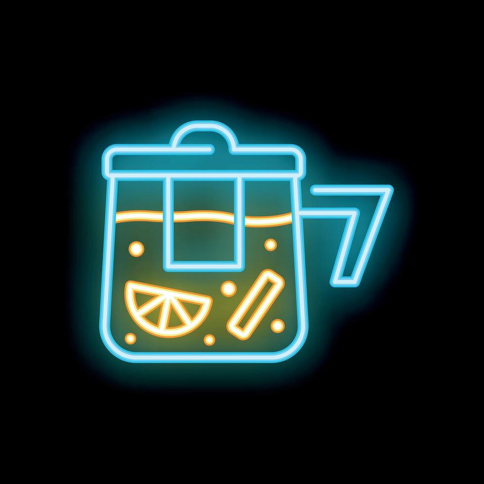 Neon icon of french press coffee or tea maker glowing on dark background vector