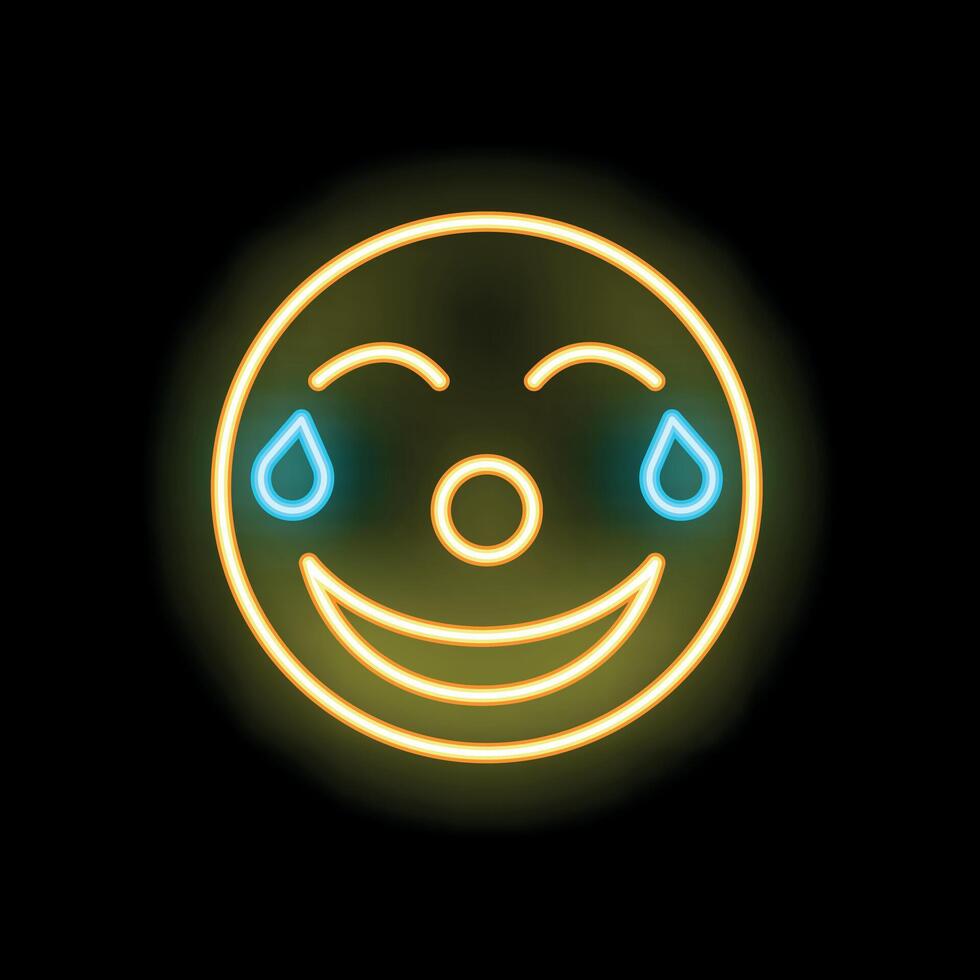 Neon sign representing a yellow face laughing with tears emoji on black background vector