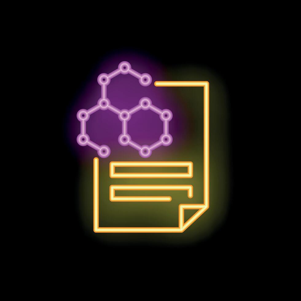 Neon icon of scientific document with molecule structure representing chemistry research vector