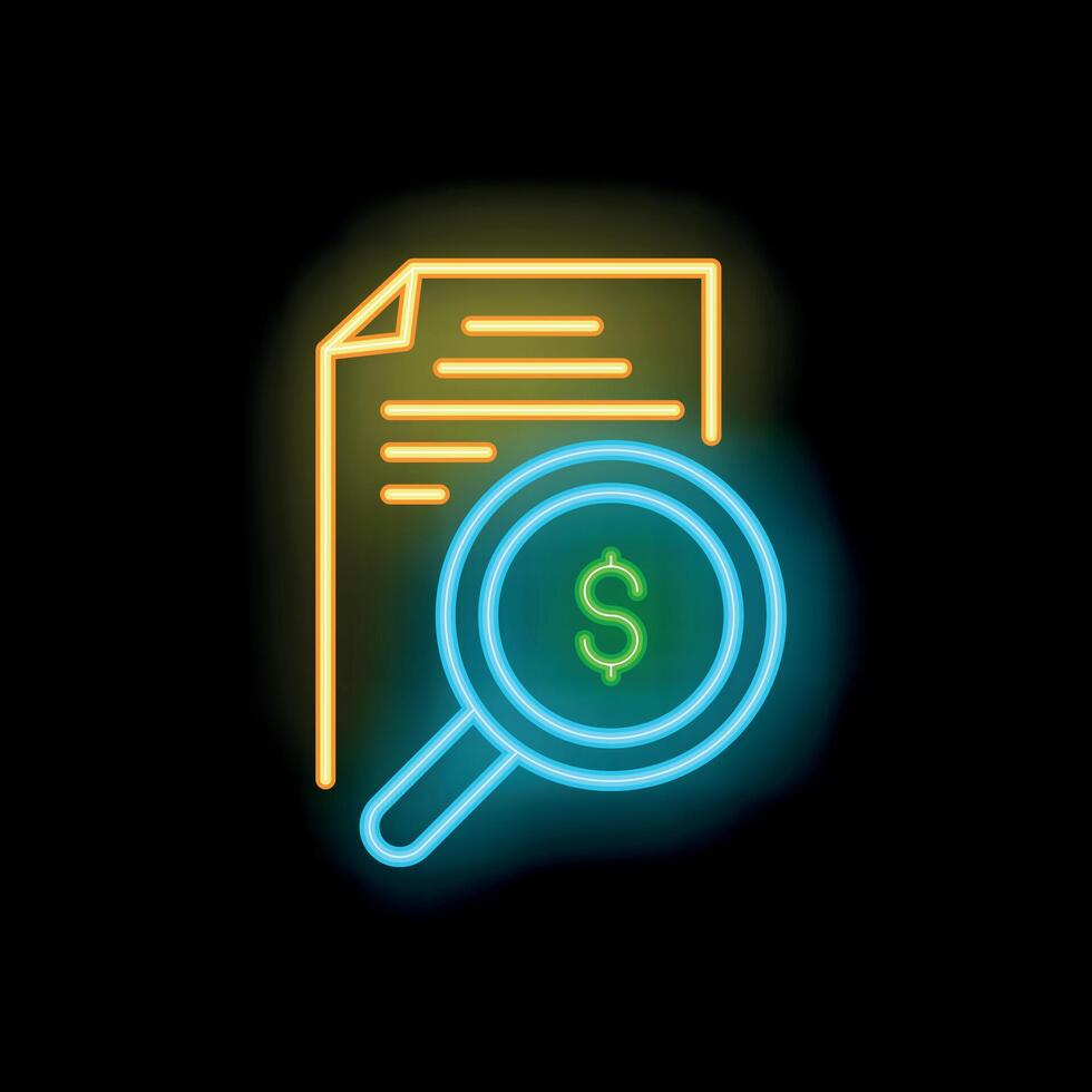 Neon icon of magnifying glass searching for money in document vector