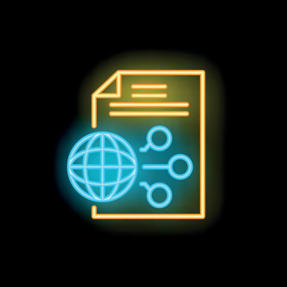 Neon icon of globe connecting to document representing global network vector