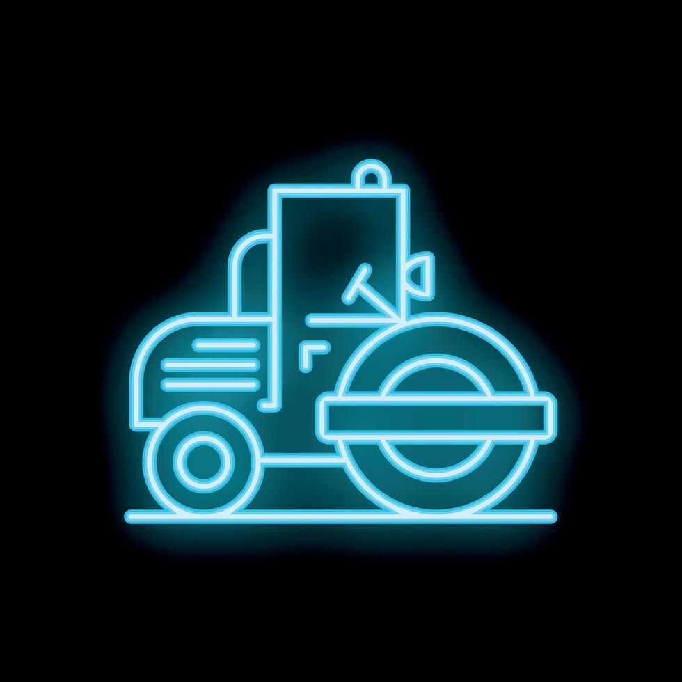 Blue neon sign of road roller working on a black background vector