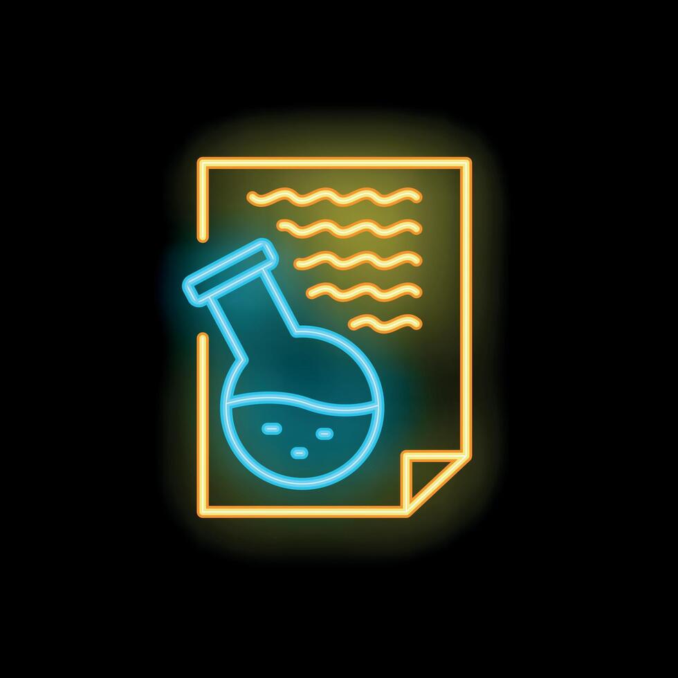Neon sign showing chemical flask on paper document for scientific research vector