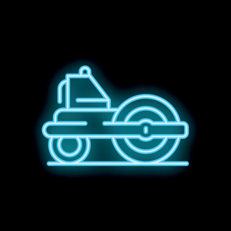 Blue neon sign of a road roller constructing road surface vector