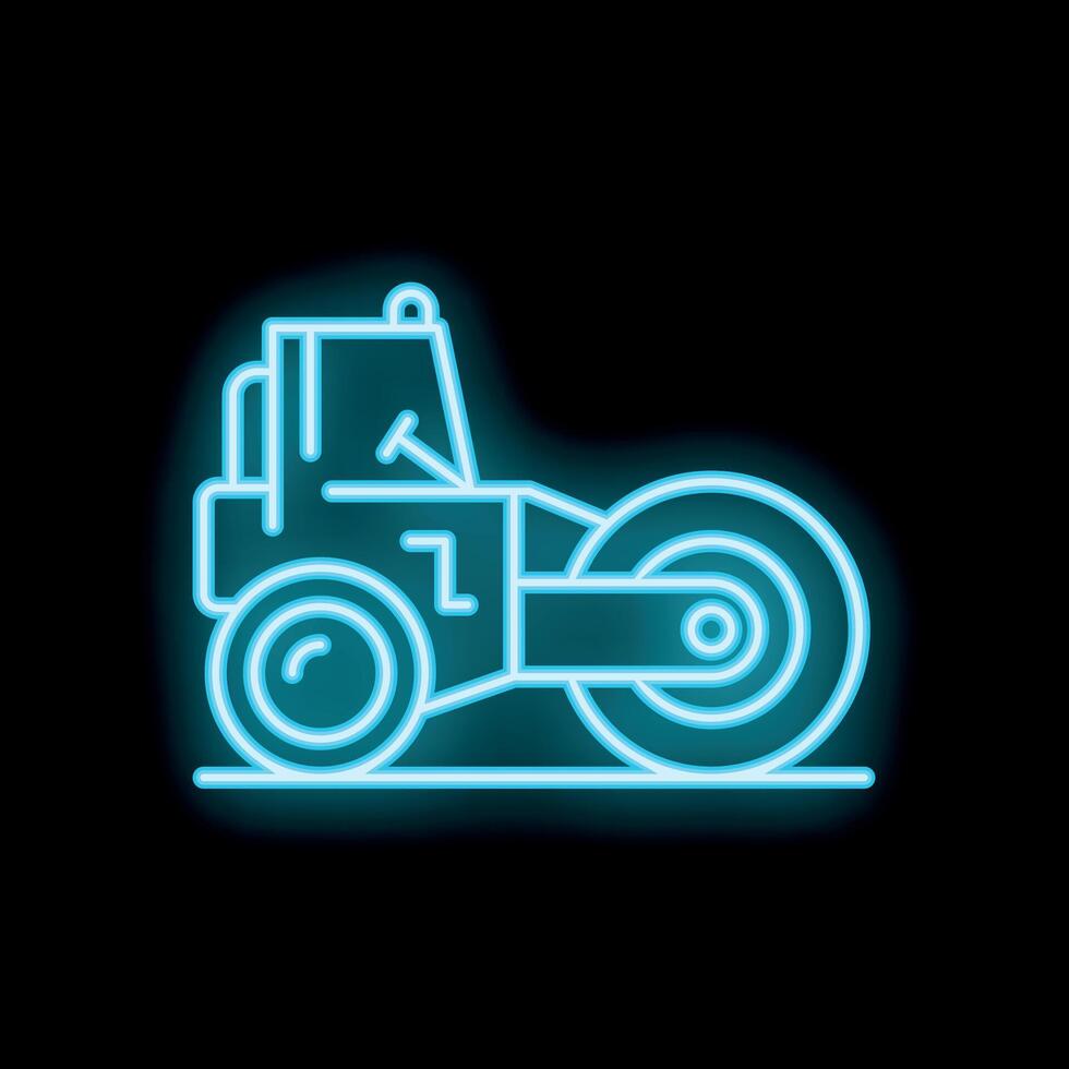Glowing neon icon of road roller working on road construction vector