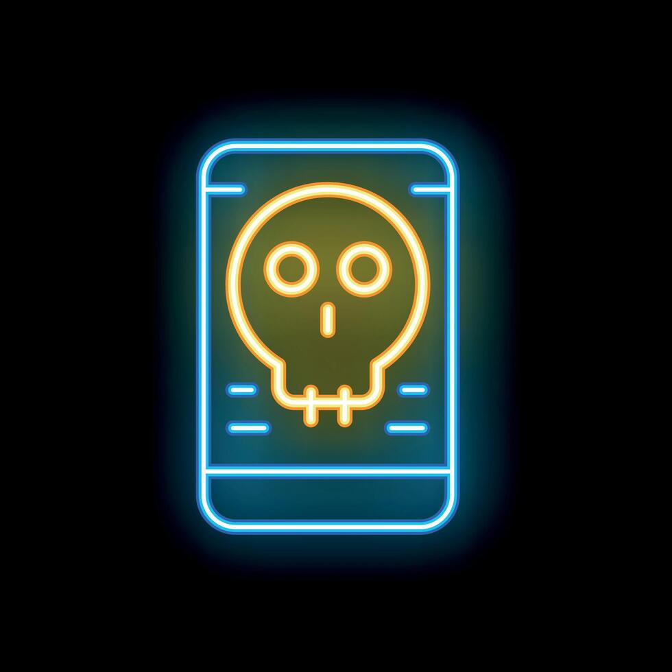 Smartphone displaying neon skull icon on black background vector