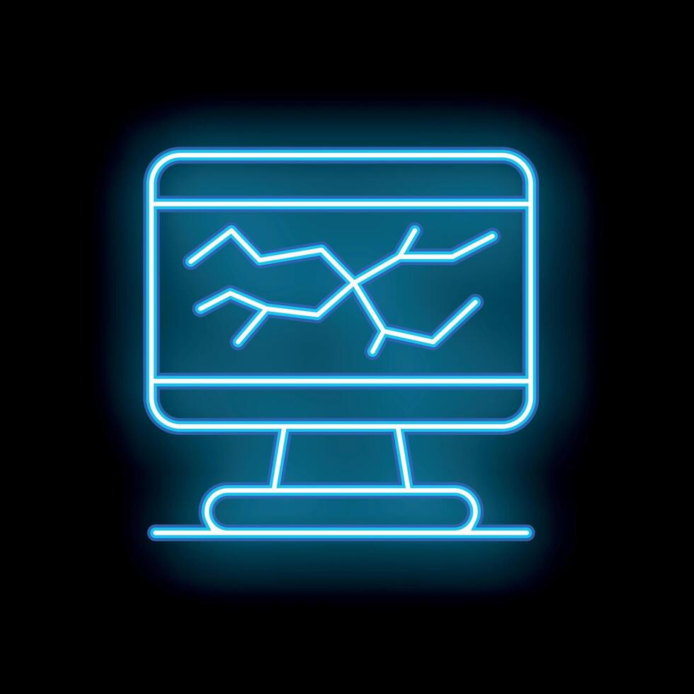 Neon blue desktop computer icon showing a line graph on black background vector