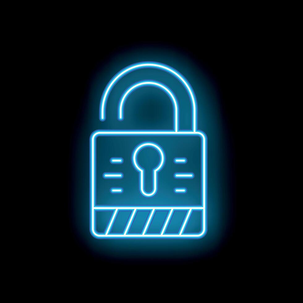 Blue neon open padlock glowing on black background vector