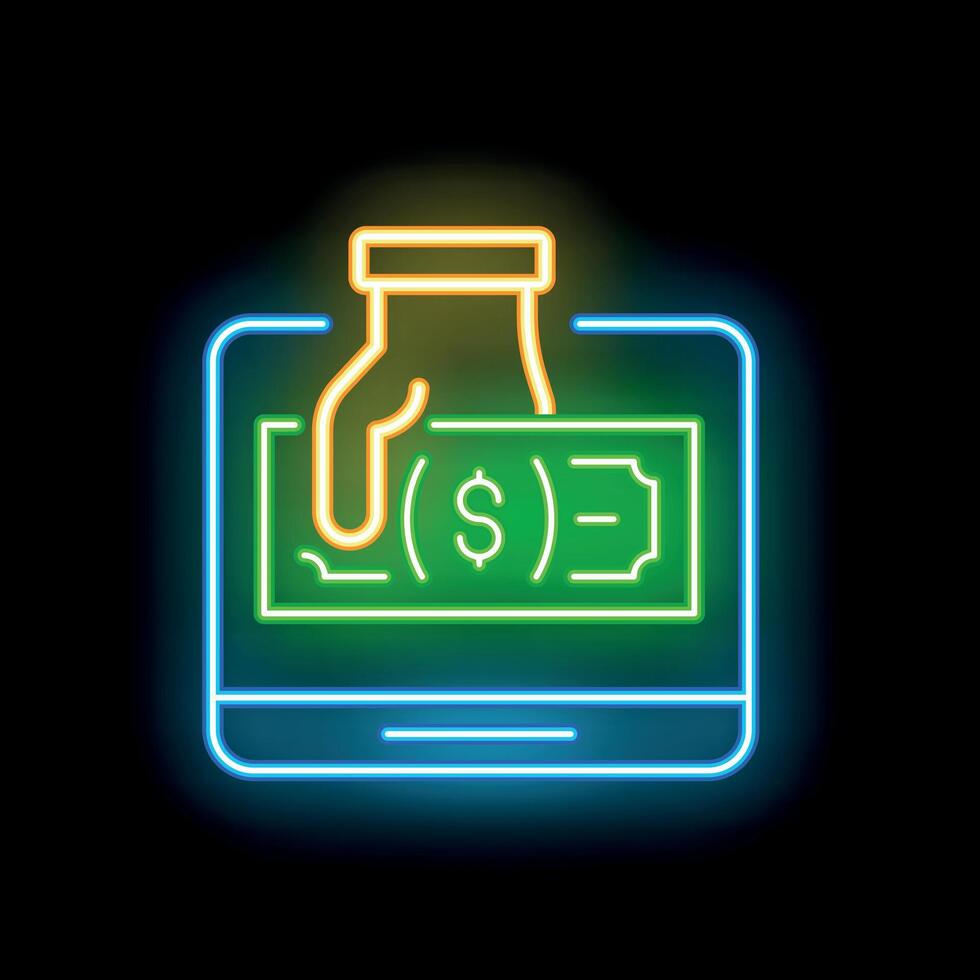 Neon sign representing online payment with hand taking banknote from smartphone vector