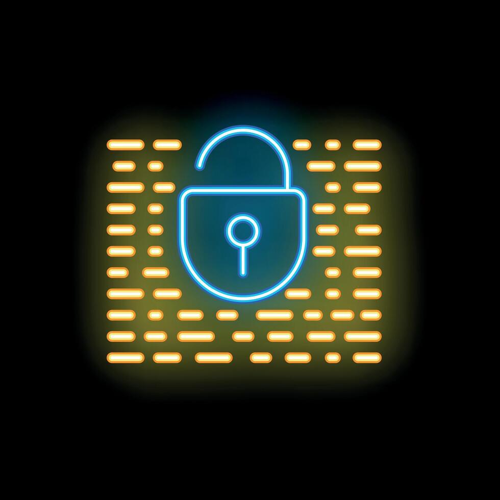 Blue neon open padlock and data protecting concept icon vector