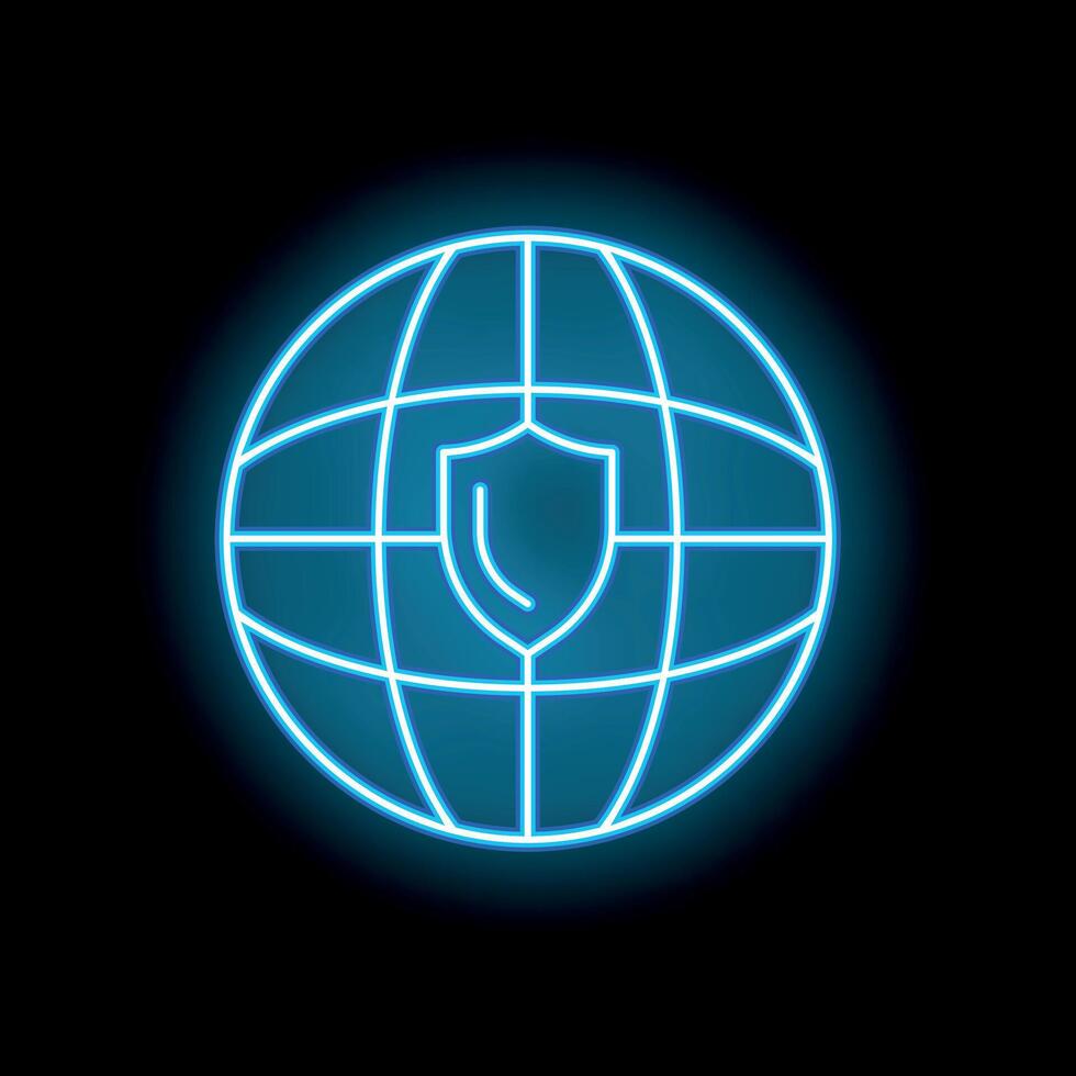 Neon blue shield protecting a globe on a black background vector
