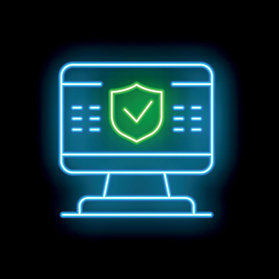 Neon green checkmark shield cyber security on computer monitor icon vector