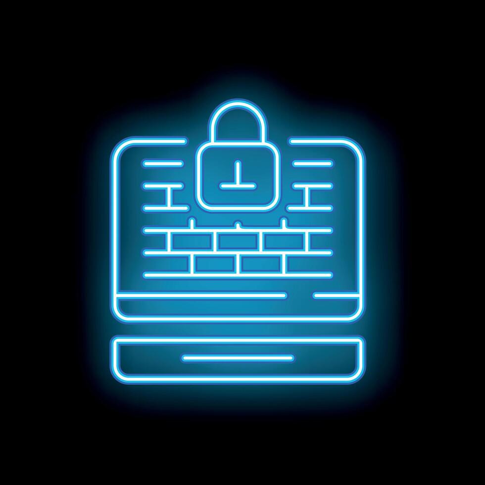 Neon blue cyber security icon with locked computer and server vector