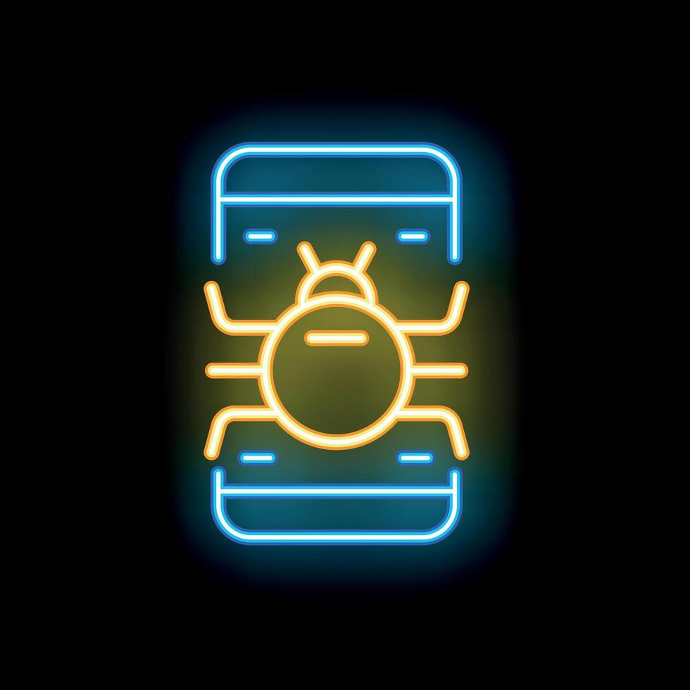 Neon sign representing a smartphone with virus bug infecting system vector