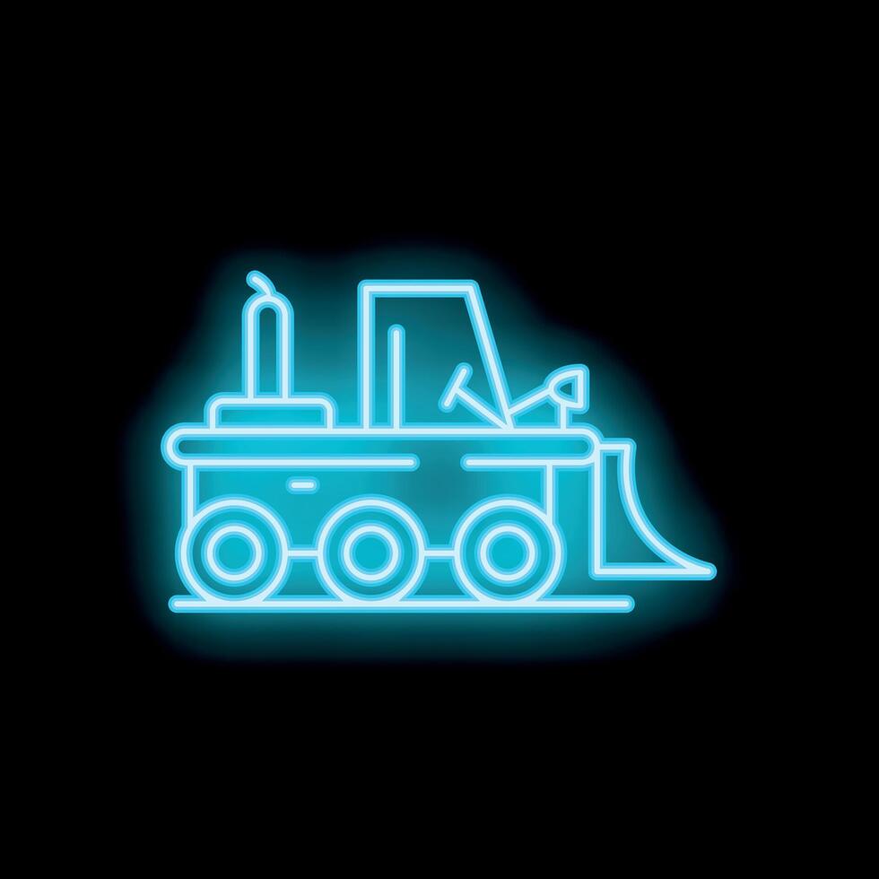 Neon bulldozer icon glowing against dark background vector