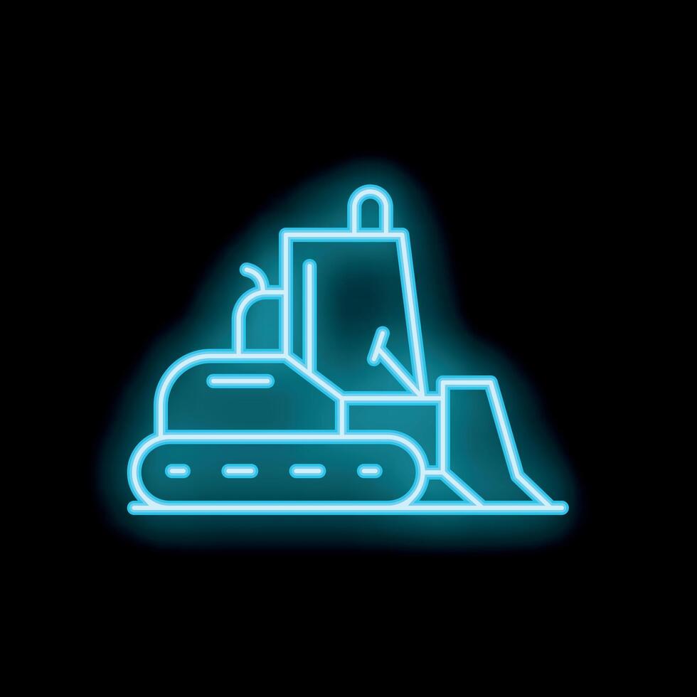 Blue neon icon of a bulldozer excavating on black background vector