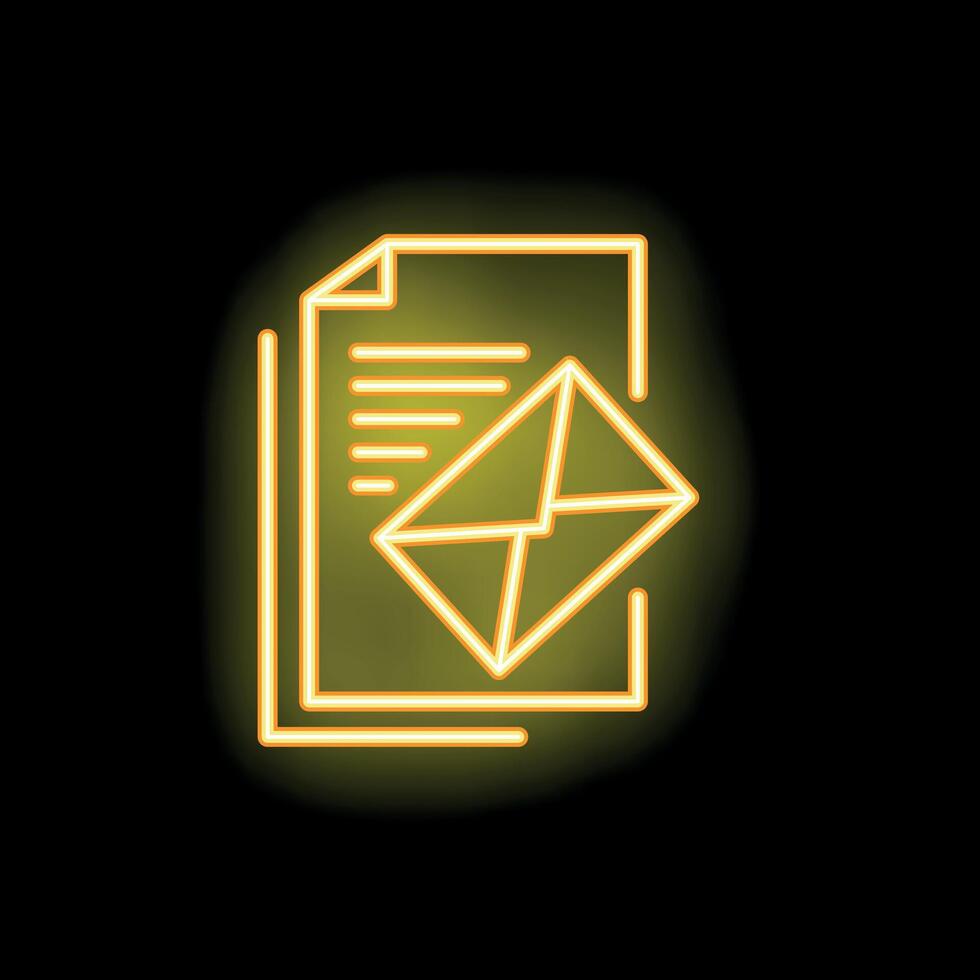 Neon icon of envelope lying on paper document glowing yellow vector