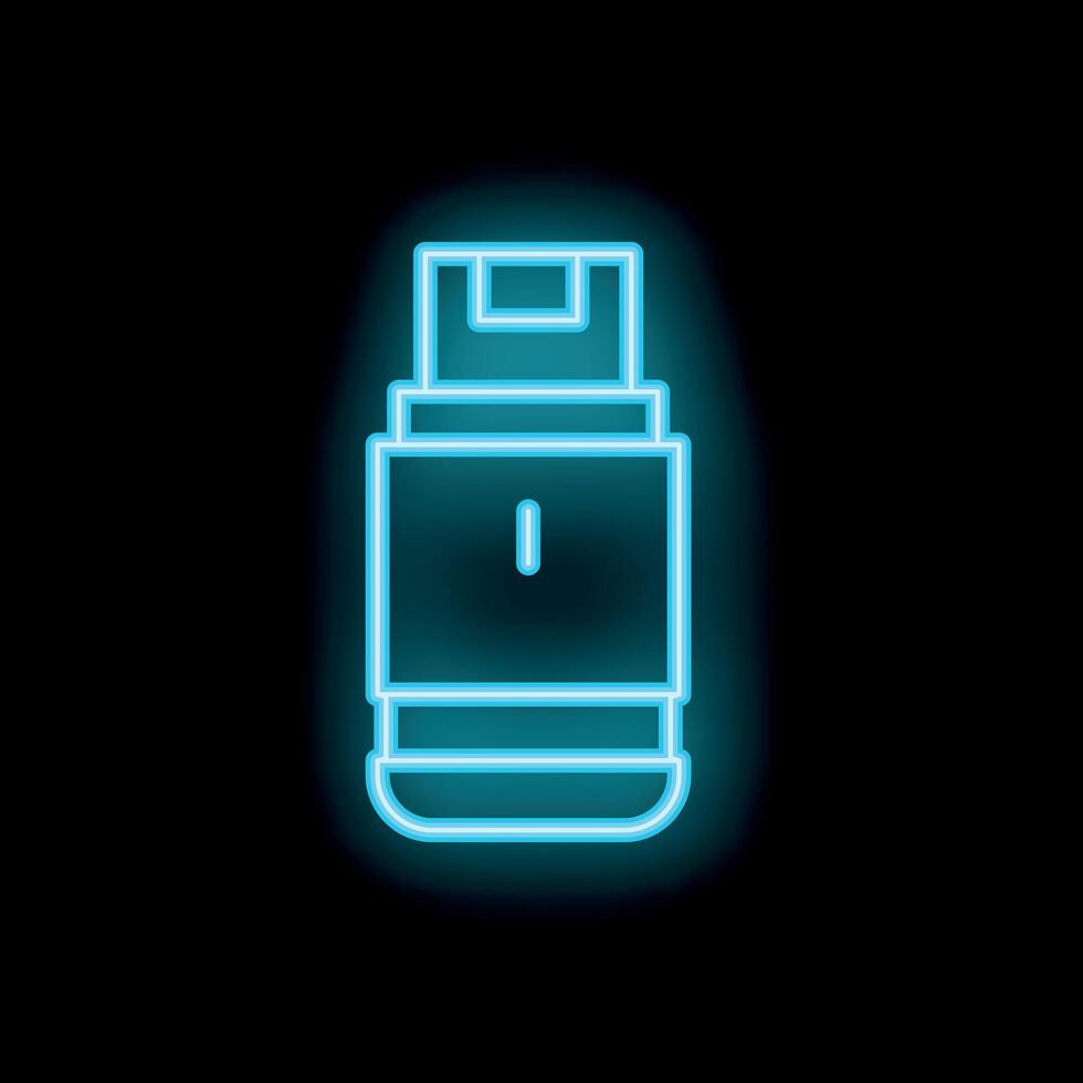 Neon blue usb flash drive icon glowing against a black background vector