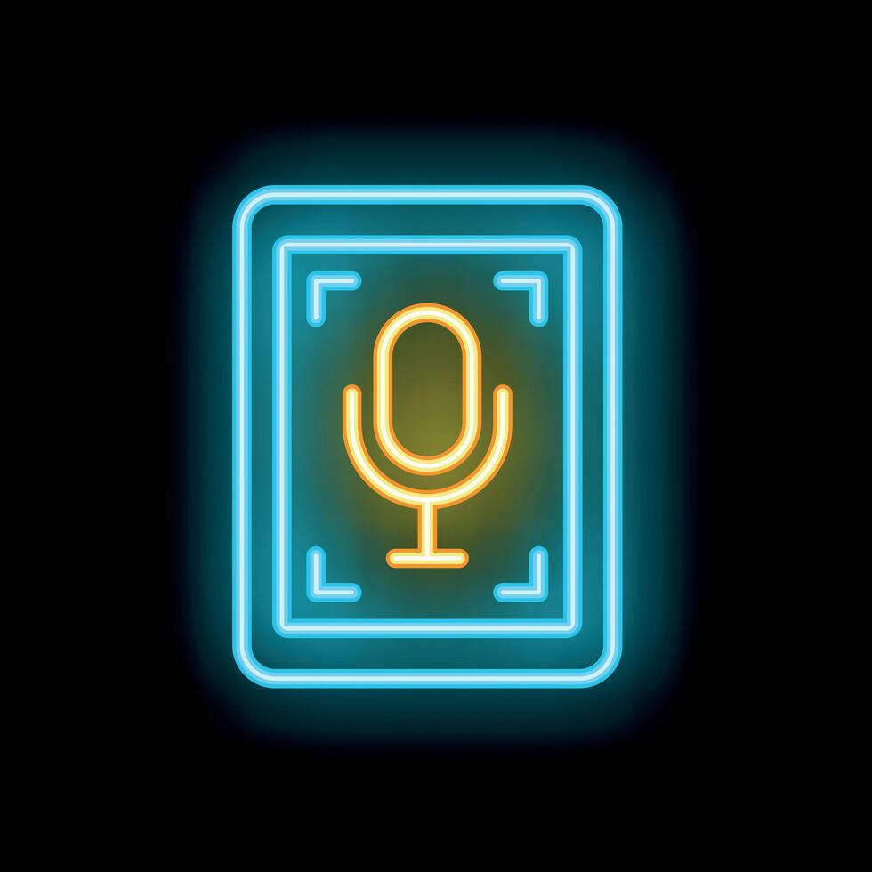 Neon sign of smartphone displaying recording symbol on black background vector