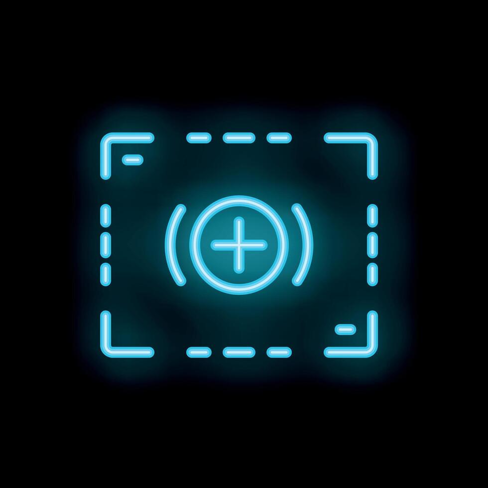 Neon icon of plus sign in square frame glowing on black background vector
