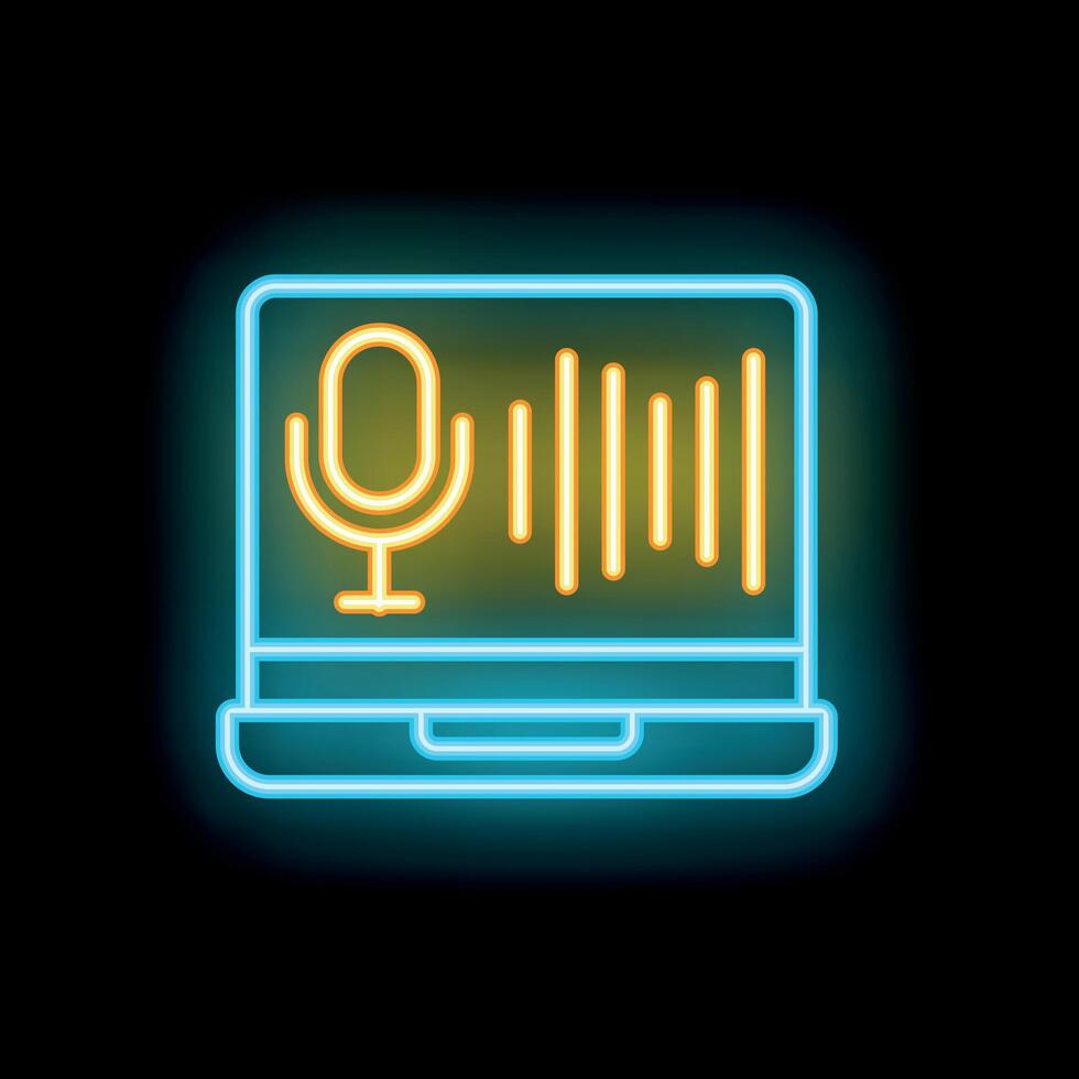 Neon icon of voice recording software displaying on laptop screen vector
