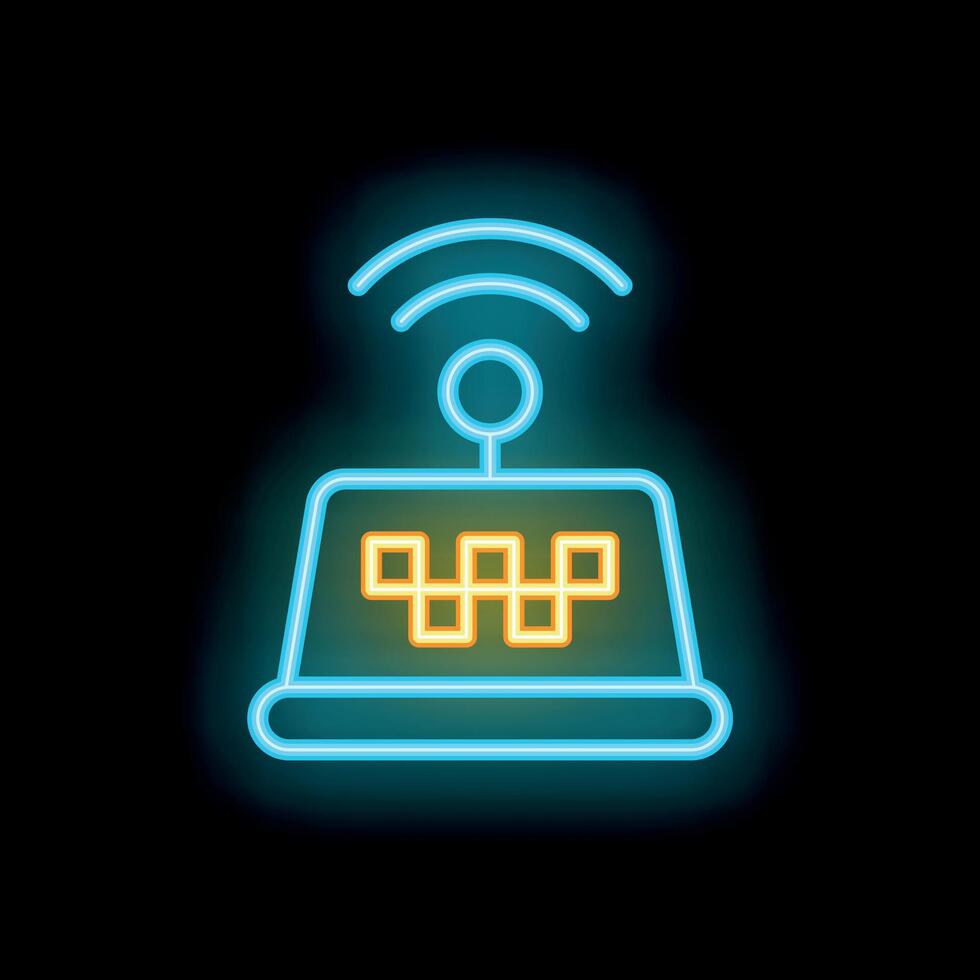 Neon taxi sign with wifi symbol sending signal on black background vector