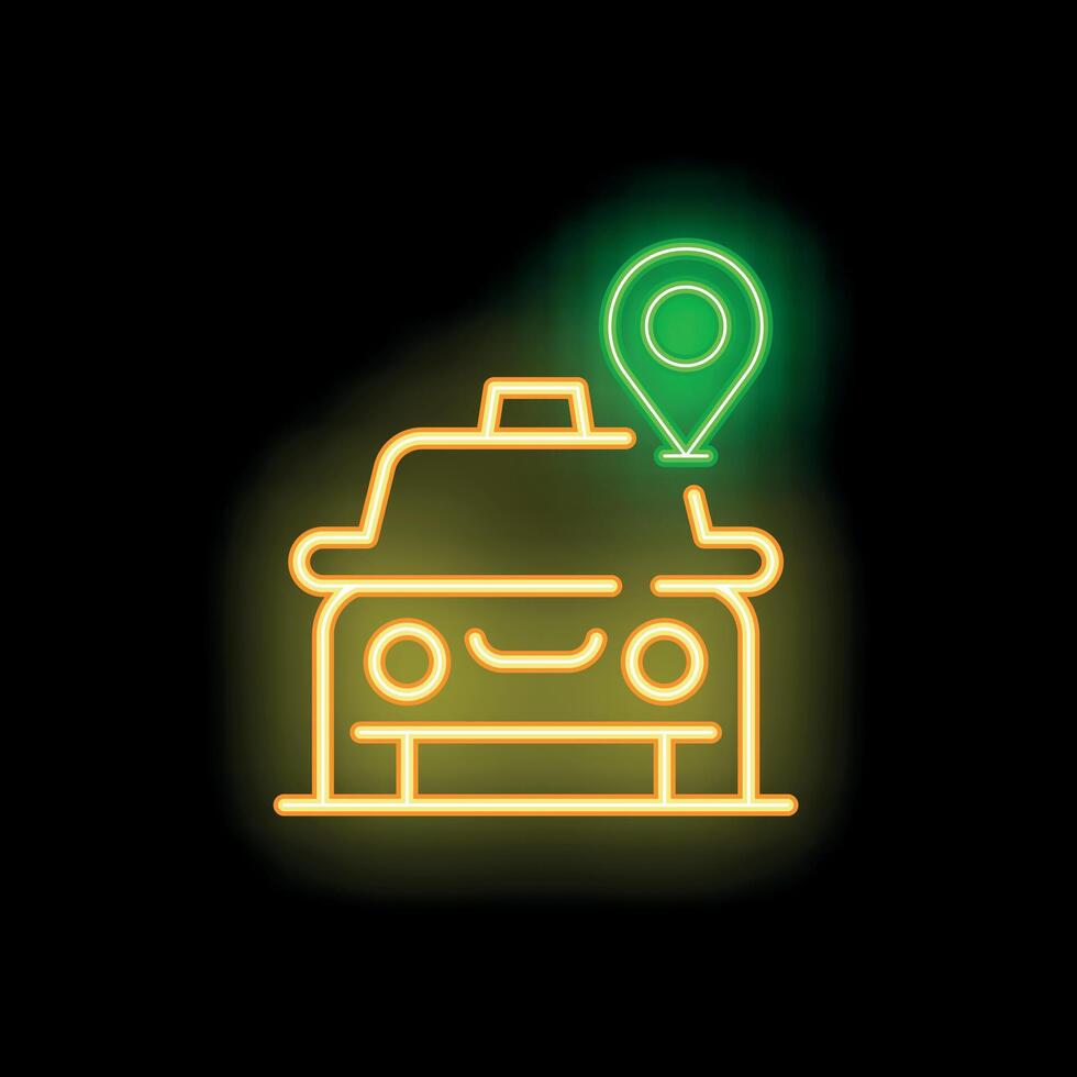 Neon taxi cab icon showing a location pin for ordering a ride vector