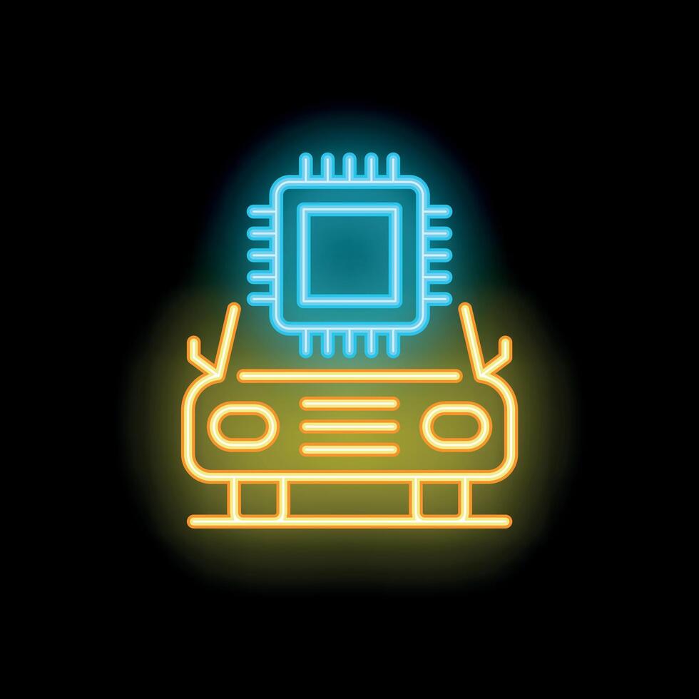 Neon icon of cpu chip processing over a car representing artificial intelligence vector
