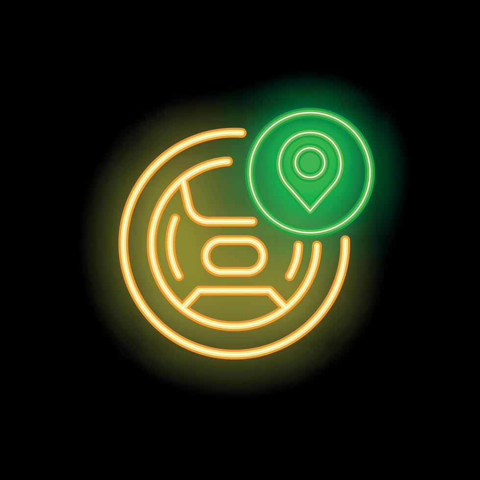 Neon icon of steering wheel and location pin showing self driving car vector