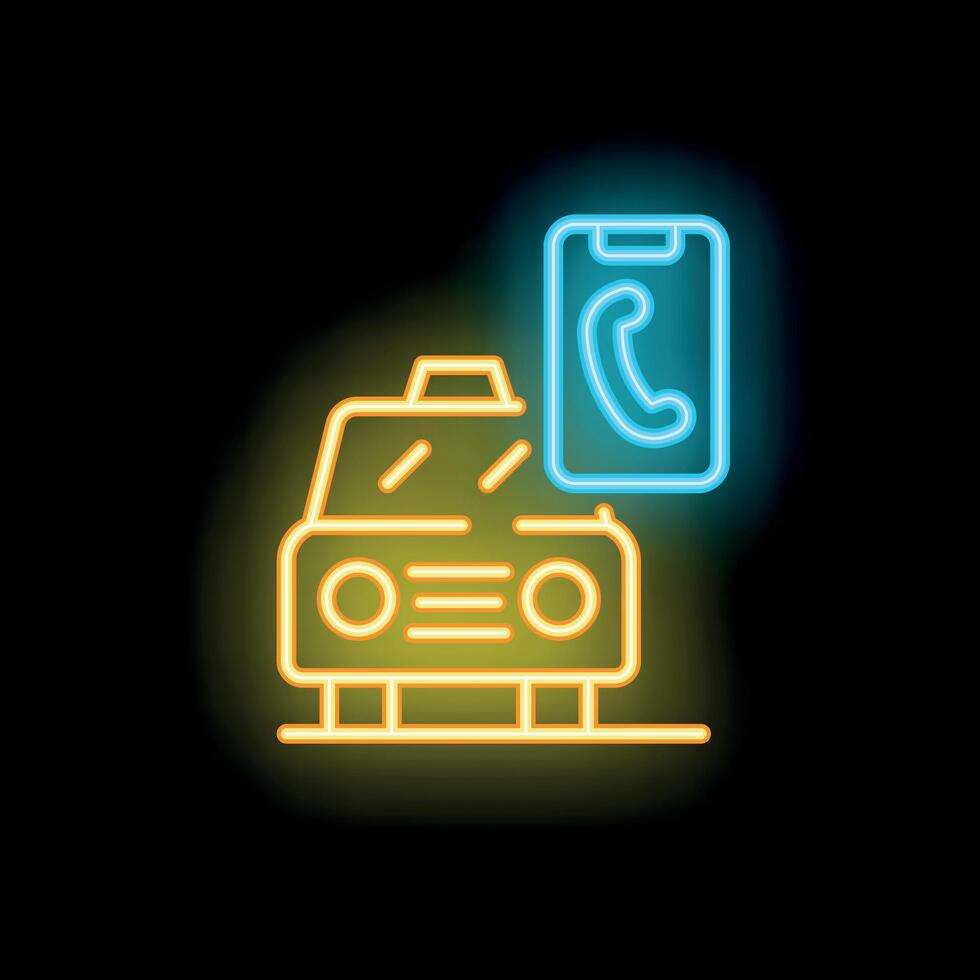 Neon icon of taxi cab receiving call on smartphone vector