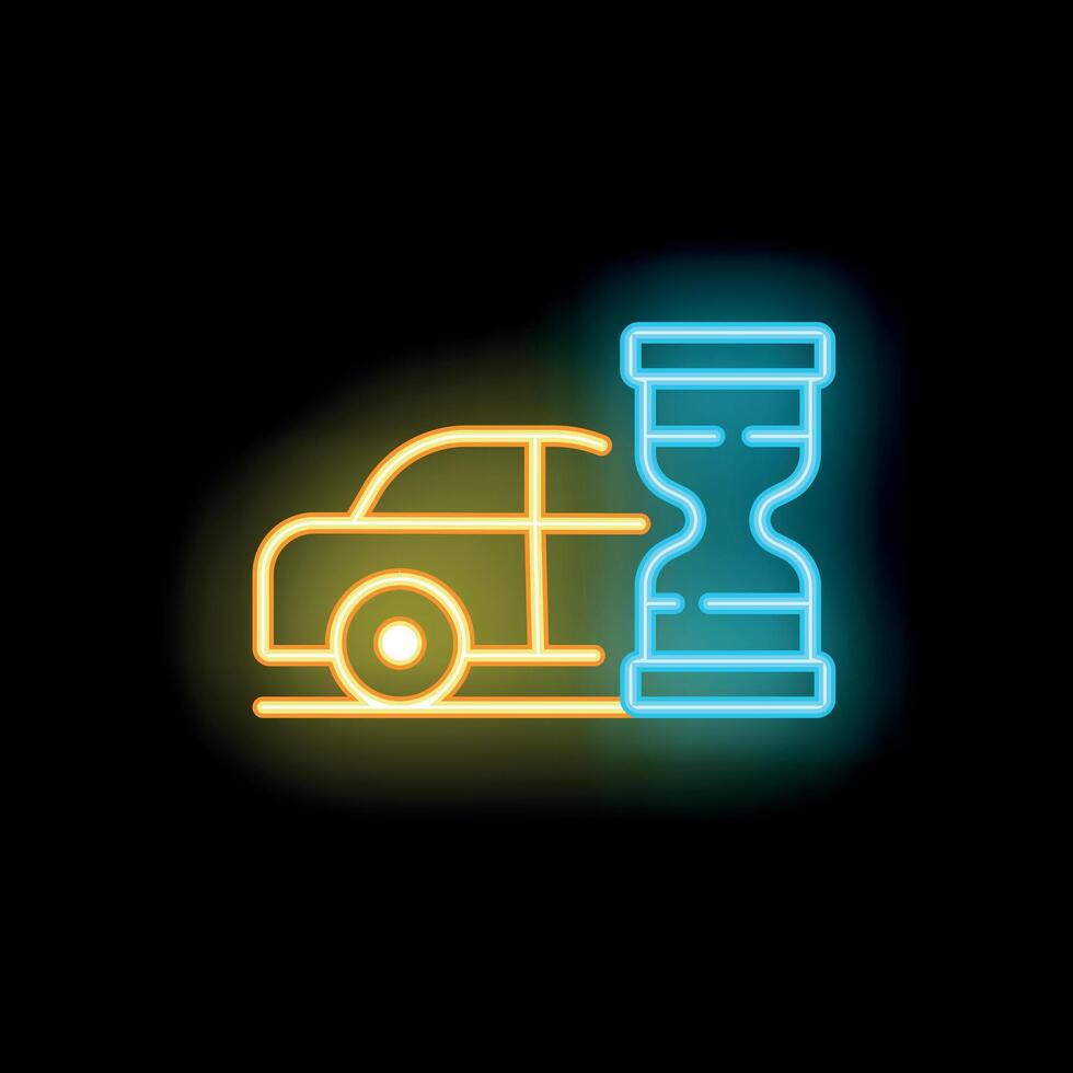 Neon icon of car and hourglass representing car rental time limit vector