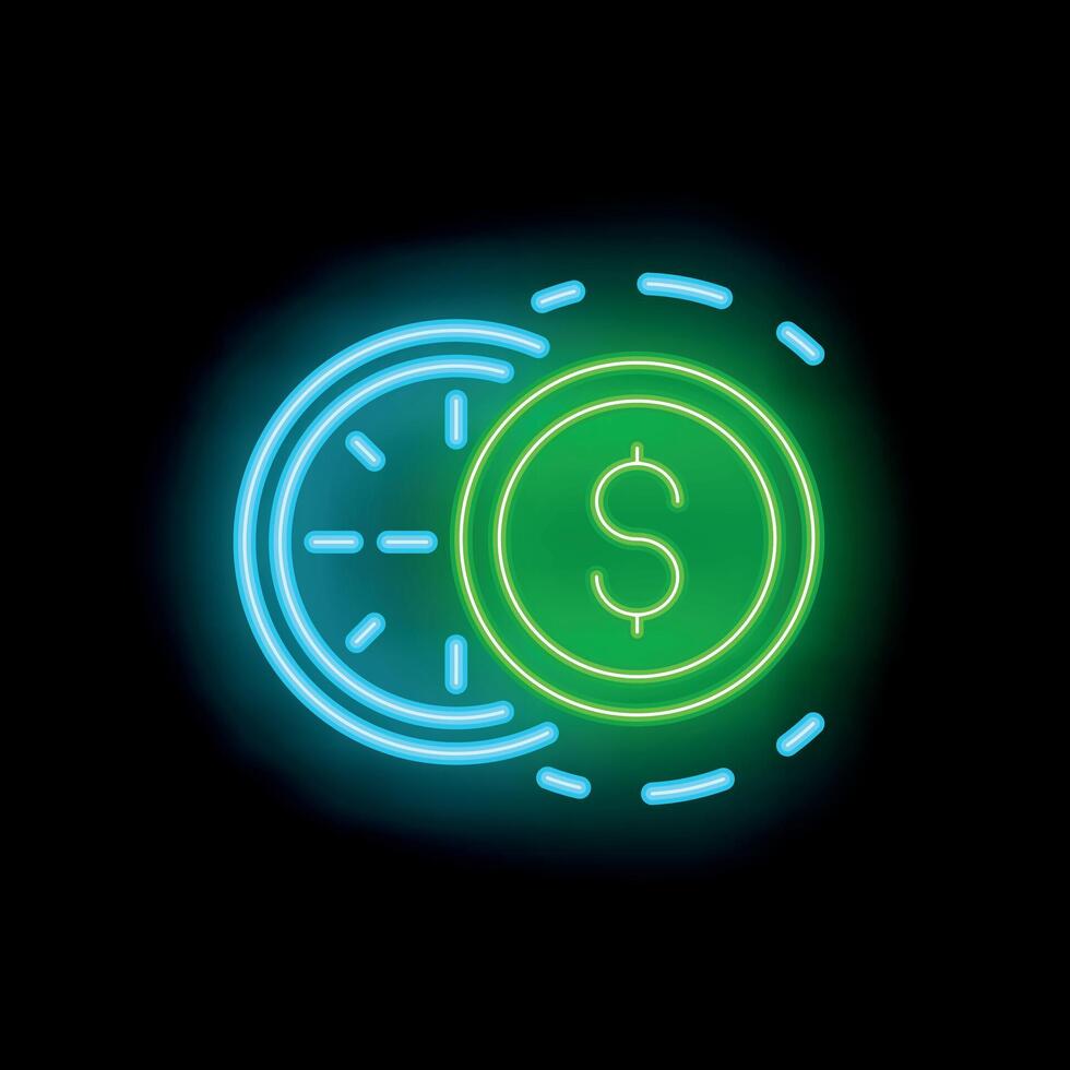 Neon sign depicting time converting to money on black background vector