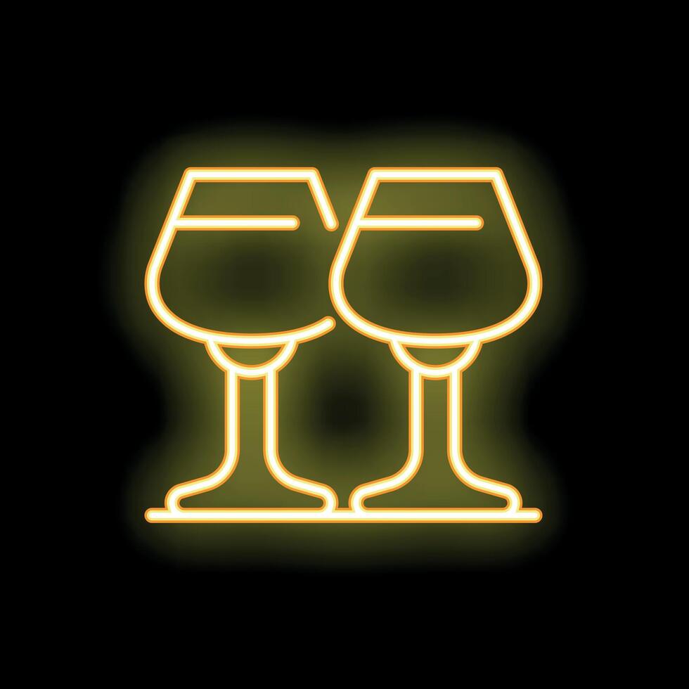 Two wine glasses with yellow neon effect on black background vector