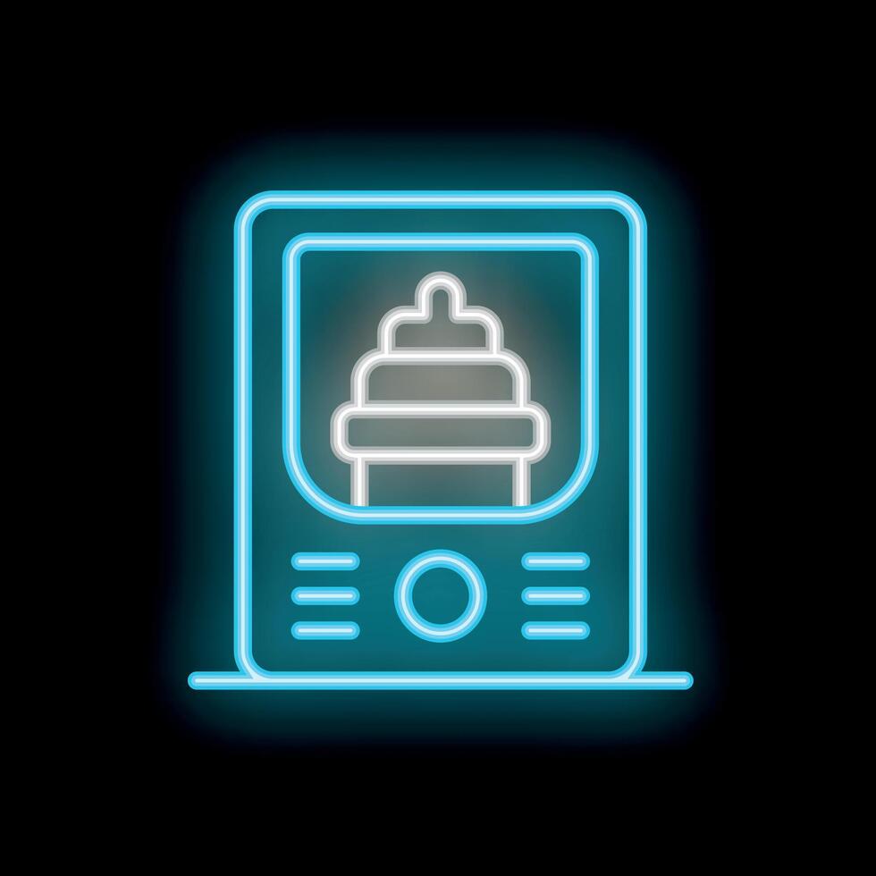 Neon icon of baby bottle warmer for formula milk on smartphone screen vector