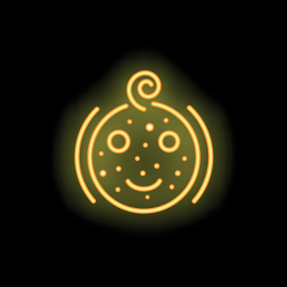 Neon yellow baby face smiling on black background vector