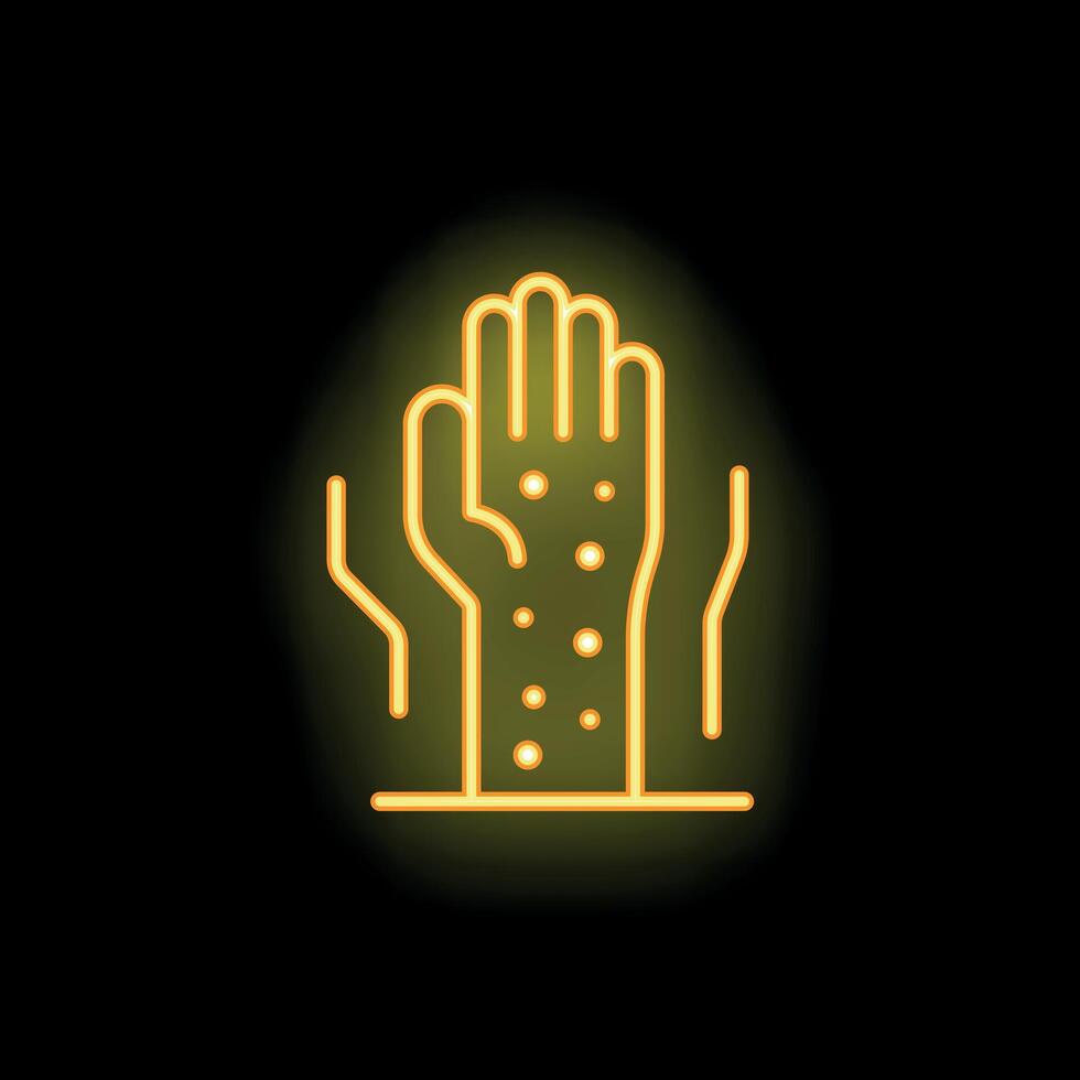 Yellow neon sign of hand with skin allergy on black background vector
