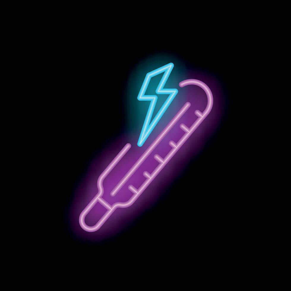Neon medical thermometer showing high temperature with lightning bolt vector