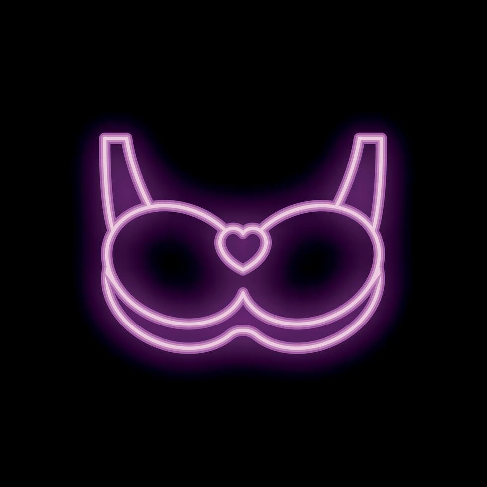 Neon pink bra with heart shining on black background vector