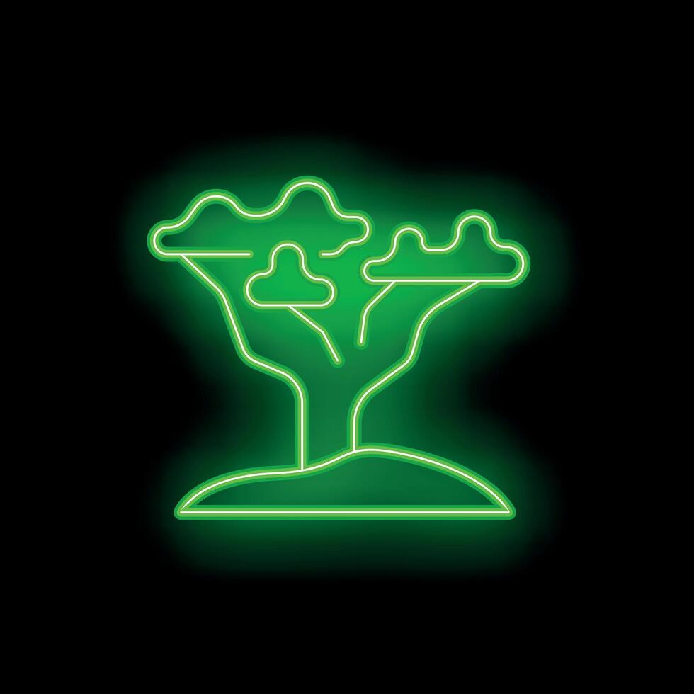 Green neon sign of a lonely tree on a hill at night vector