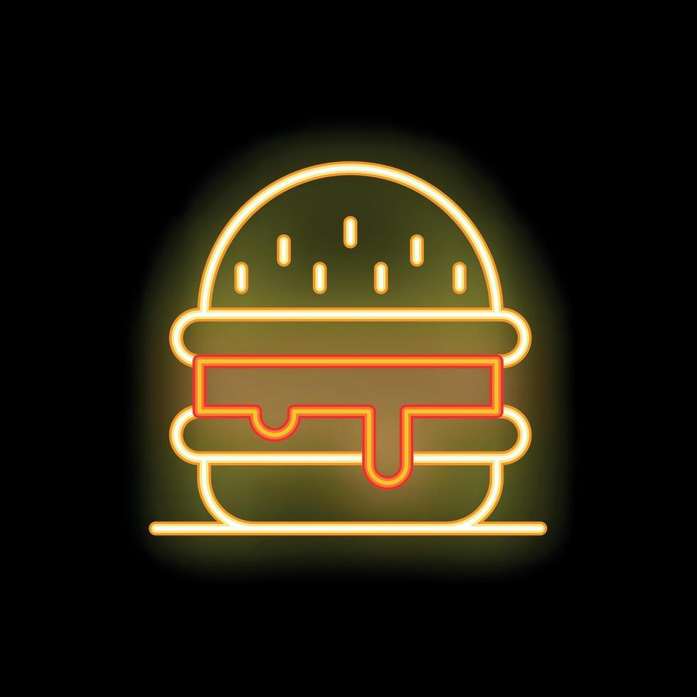 Glowing neon sign of tasty burger with melted cheese and dripping sauce vector