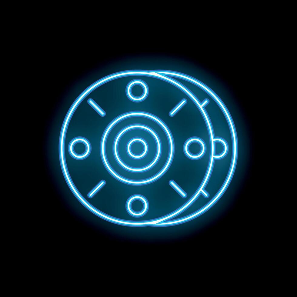 Neon icon of two round circuit boards glowing blue against black background vector
