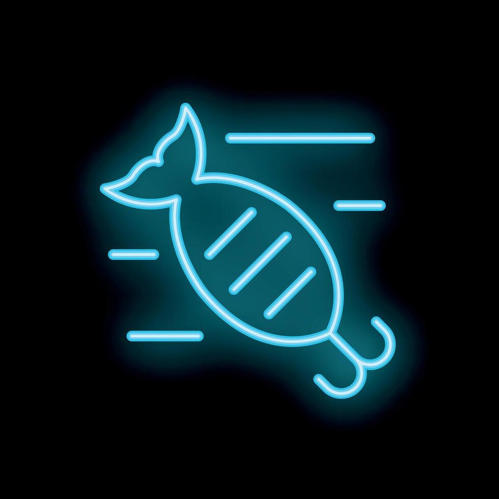 Blue neon sign of a grilled fish with speed lines on black background vector