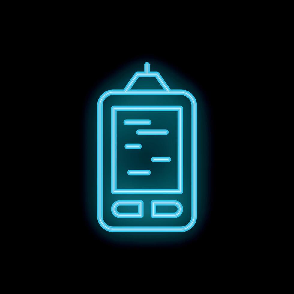 Neon icon of glucose meter showing blood sugar level for diabetes control vector