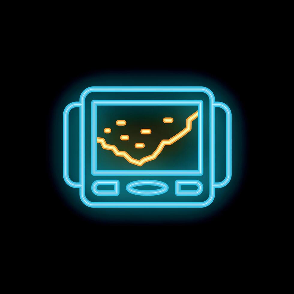 Neon echo sounder icon for fishing showing seabed on black background vector